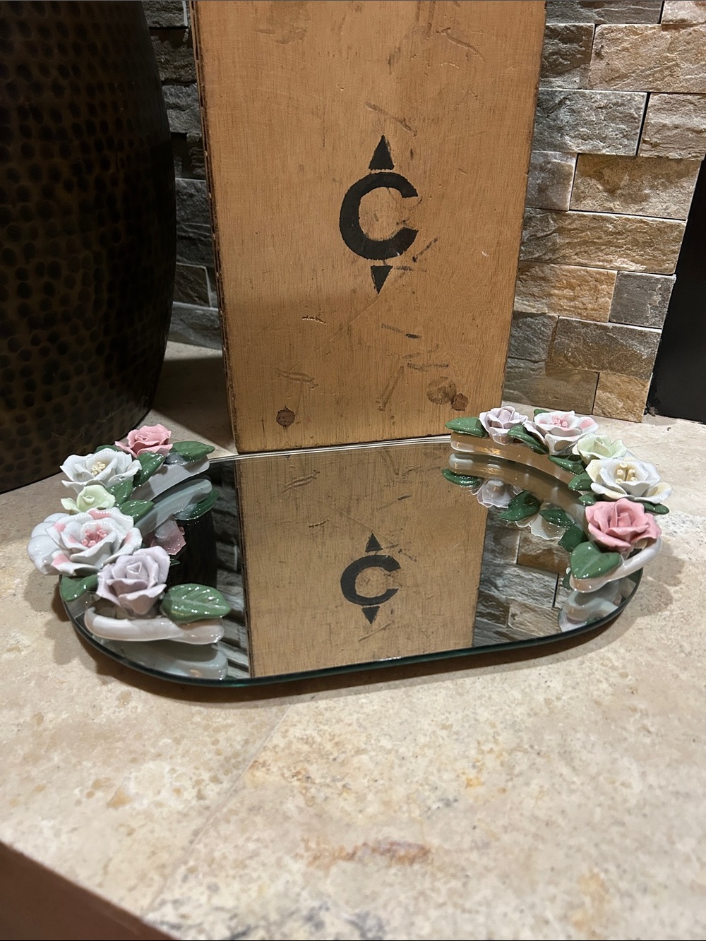 vintage Capodimonte-style mirrored vanity tray w/ porcelain roses